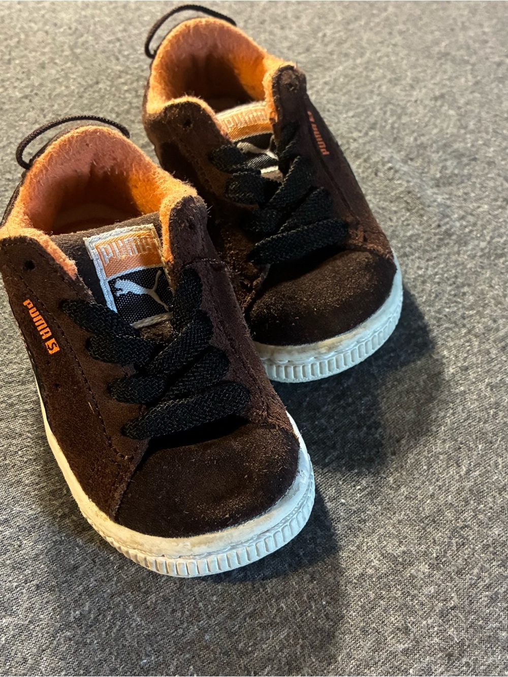 Puma Kids Brown Suede Sneakers with Orange Lining and Black Laces